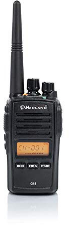 MIDLAND G18 Walkie Talkie Receptor de Radio - 1 Transceptor Semiprofesional, Batería Recargable de Ión de Litio (1600 mAh), Cargador de Sobremesa, Adaptador de Pared, Clip para Cinturón