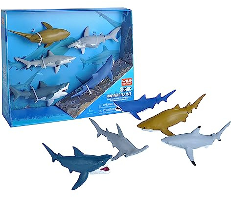 Wild Republic Shark Moveable Action Playset, Aquatic Animals, Kids Gifts, Sea Creatures, 5-Pieces