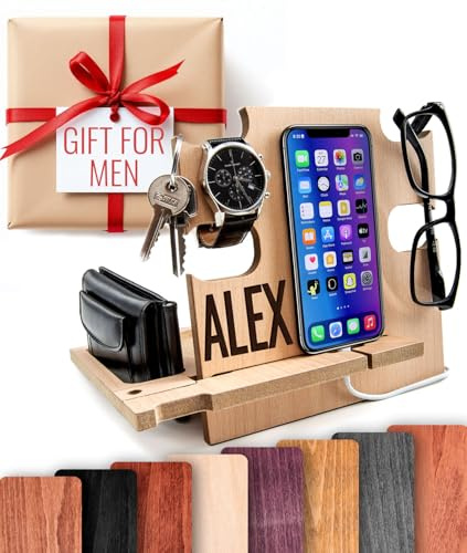 Greta Oto Personalised Wood Phone Docking Station Gifts for Men Phone Holder Wallet and Key Nightstand Organizer Key Stand Presents for Dad