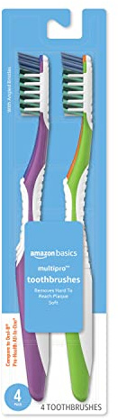 Amazon Basics MultiPro Toothbrushes with Angled Bristles, Soft, 4 Count, Pack of 1