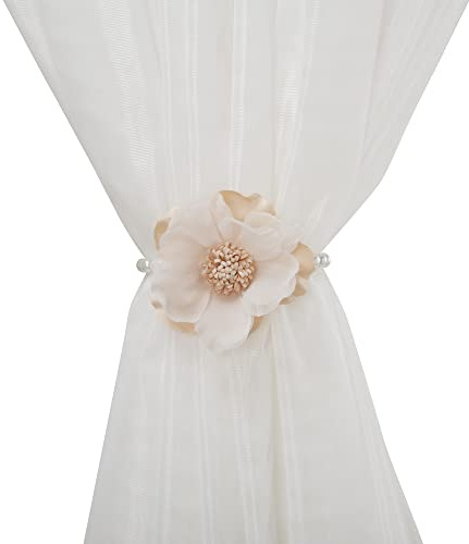 SUQ I OME 2 Pack of Curtain Tiebacks, Elegant Pearl Magnetic Curtain Tieback with Handmade Flower Decorative Drapery Holdbacks Rope Holder for Home, Office,Beige