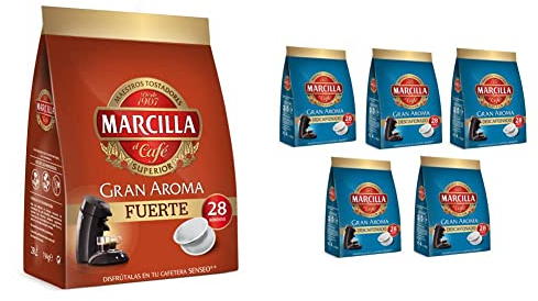 Marcilla Café Fuerte para máquina Senseo - 5 paquetes de 28 monodosis (Total 140 monodosis) & monodosis GRAN AROMA DESCAFEINADO - [Pack de 5]
