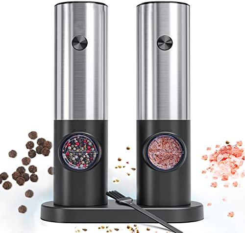 Set di macinapepe e sale – Set di 2 macinapepe elettrico e macinapepe con luce a LED e grossolanità regolabile, Tritasale da Tavola in Acciaio Inossidabile con Capacità di 70 ml