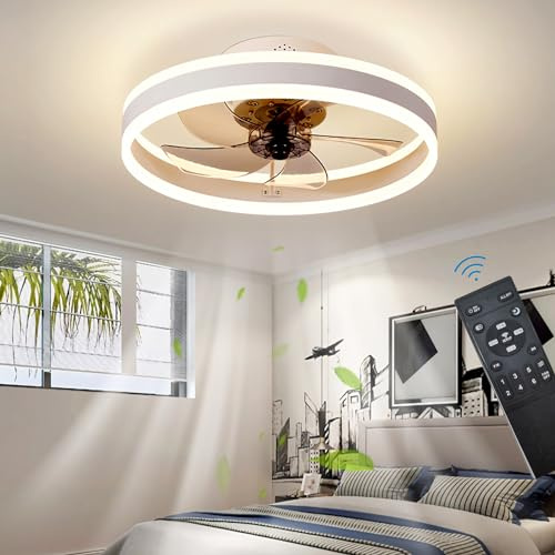 Led Takfläktar med Lampor Vändbar Fjärrkontroll, Modern Sovrum Taklampa för Fläkt Tyst 6 Hastigheter Dimbar Små Tak för Fläktljus för Vardagsrum, Vit 50CM