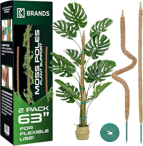 K-Brands Moss Pole (2 Pack, 160 cm/63 In/5.25 ft) - Bendable Monstera Plant Support - Cheese Plant Support Pole Sticks - Moss Poles for Climbing Plants - Plant Stakes Indoor with Ties