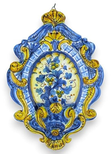 SICILIA BEDDA CAPACI Acquasantiera in Ceramica Siciliana - h 30 cm x L 20 cm ca. Decoro '600 e Floreale su Fondo Blu MD5