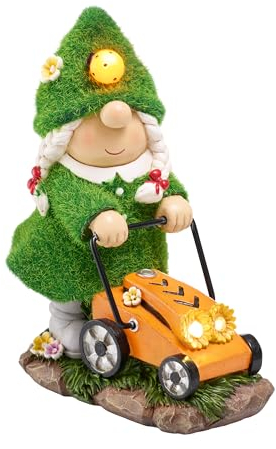 TERESA'S COLLECTIONS Gartenzwerge Gartendeko für Draußen,20cm Wetterfest Figur mit Solarleuchte,Mähen Zwerg Gartenfiguren draußen aus Kunstharz Gartenwichtel Gartendeko Solar