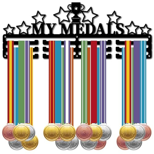CREATCABIN Mis Medallas Colgador Medallas Soporte para Medallas EstrelTrofeo Marco para Deportes Colgante Metal Premios Atletas Soporte Pared Hierro Decoración para Cinta Competición Negro 40x15cm