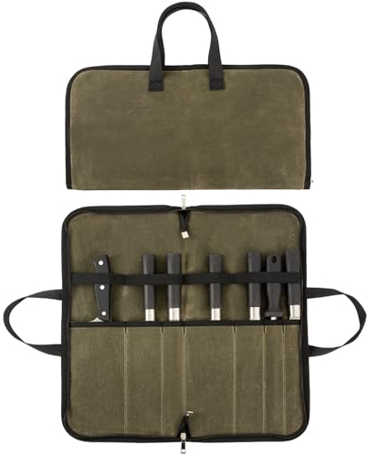 HYUXNT Sac à couteaux en toile cirée de 400 ml avec 7 compartiments pour couteaux et cuillères, Vert militaire, Sac à couteau