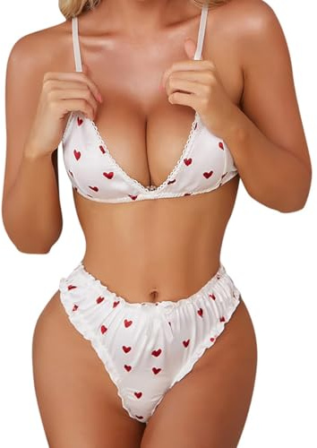 MIZSPISE Set di Lingerie in Raso da Donna Intimo a Due Pezzi a Forma di Cuore Reggiseno e Perizoma Spalline Regolabili Lingerie Babydoll Perizoma S-XL (Bianco, XL)