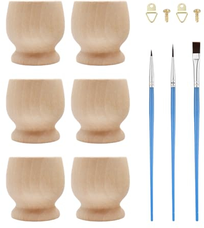 HDGSAFD Lot de 6 coquetiers, 1 jeu de crayons de peinture à l'huile, coquetiers en bois, coquetiers colorés, porte-œufs, coquetiers décoratifs, kit d'accessoires pour récipients à œufs