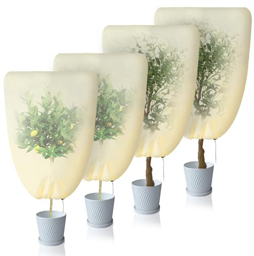 Lot de 4 Housse Hivernage Plante, Voile Hivernage Plante Exterieur, avec Cordon de Serrage Voile d'hivernage, Peut être Froid, Résistant aux Intempéries, Chaud, Réutilisable(60x80cm & 80x120cm)