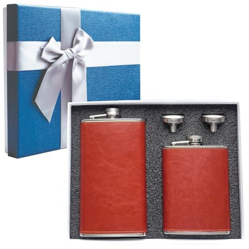 Confezione da 2 fiaschette per liquori da 226,8 g + 350 ml, fiaschetta in acciaio inox e pelle + imbuti, fiaschetta tascabile a prova di perdite da uomo (marrone)