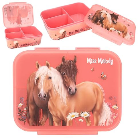 Depesche 12895 Miss Melody Flowers - Boîte à goûter en Vieux Rose, avec Motif de Chevaux et de Fleurs, boîte à déjeuner avec 3 Compartiments et Couvercle Transparent