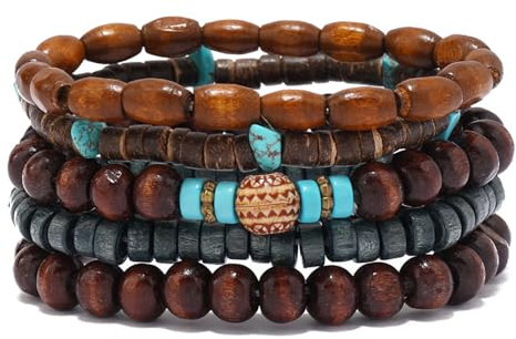 RUICHING 5PCS Boho Beaded Bracelets, Wooden Bead Bracelet, Black Blue Multi-layer Bracelet Hippy Accessories Gifts for Men Women