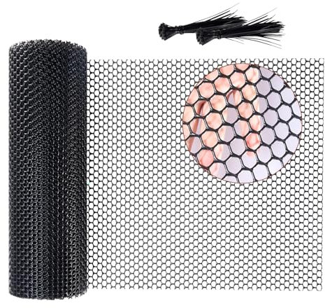 Unnosin Chicken Wire, Plastic Chicken Wire Mesh Roll Fencing Wire Mesh Netting for Poultry, Pet, Garden, Balcony, Yard, with Self-Locking Ties (Black, 40cm X 10m Holes: 8mm)