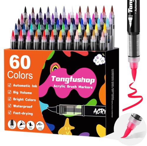 Tongfushop 60 Colores Rotuladores Acrilicos, Marcadores Acrilicos Punta Pincel, Rotuladores de Pintura Acrílica para Adultos, Acrylic Markers para Pintar, Roca, Cristal, Cerámica, Plastico, Tela Metal