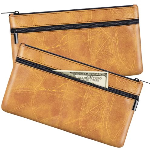 HAUTOCO 2 Stück Geldtaschen Banktasche PU-Leder Texturiert Bankmappe mit Reißverschluss 28 x 15.5 cm A5 Dokumente Zwei Taschen Geldmappe für Business Haushalt Schule, Braun