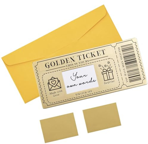 2Pcs Personalised Scratch Card reveal - with Golden Ticket design and pearl envelope - perfect for birthday, Valentine's Day, Christmas