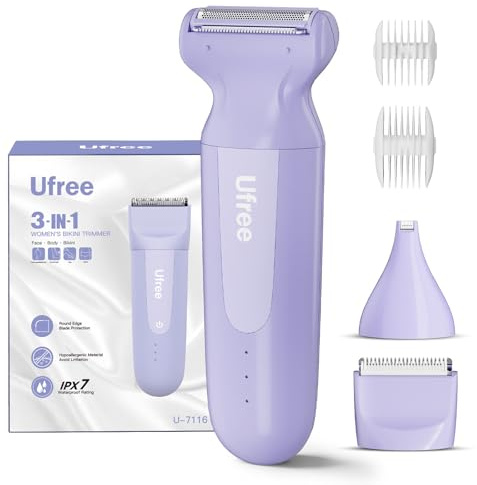 Ufree 3-in-1 Women's Electric Razor with Ceramic Blades, IPX7 Waterproof Bikini Trimmer for Women, Pubic Hair Trimmer, Cordless Rechargeable Shaver for Legs, Armpit, Valentine's Gifts for Women