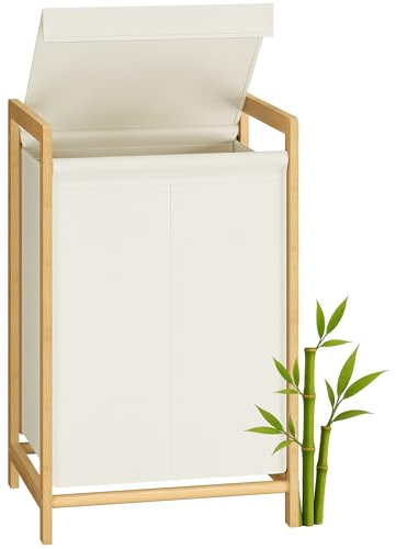 SONGMICS Cesto para Ropa Sucia de 2 Compartimentos, Marco de Bambú, Tapa Reforzada y Extraíble, Bolsa Interior Desmontable, 100 L, Blanco Crema RLH102WD01