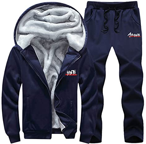 Tuta da jogging da uomo, in pile, calda, invernale, in due pezzi, giacca sportiva invernale e pantaloni sportivi, a maniche lunghe, con cappuccio e tasca, tinta unita