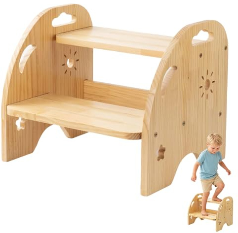 CEWROM Sgabello per bambini in legno, a 2 livelli, antiscivolo, con manico, stabile, portata fino a 100 kg per bambini, per bagno, cucina, WC