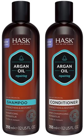 HASK Argan Oil Repairing Shampoo and Conditioner Set for All Hair Types, Colour Safe, Gluten-Free, Sulfate-Free, Paraben-Free, Cruelty-Free - 1 Shampoo and 1 Conditioner