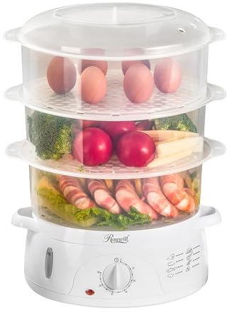 Rosewill Electric Food Steamer with 3 Tiers BPA-Free Stackable, Dishwasher Safe Baskets, 800W with fast steam heating within 40s, Auto shut-off and 60-min timer, 9.5 Quarts Capacity - White