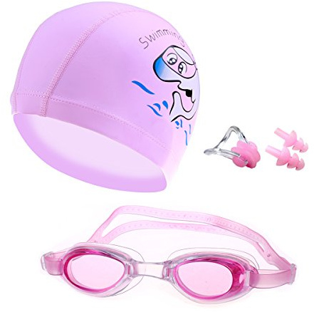 Ensemble de lunettes de natation CRIVERS - Style dessin animé - Avec bonnet de bain, pince-nez et bouchons d'oreilles - Pour enfants, élèves, garçons et filles, Pink Set