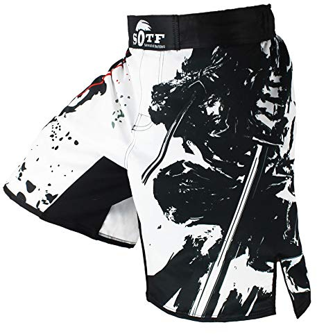 SOTF MMA Shorts Muay Thai Boxing Trunks Comfortable Kickboxing Fight Wear, White, XXL=31-36
