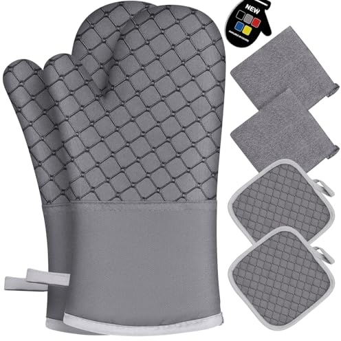6 Pcs Oven Mitts and Pot Holders, 500℉ Heat Resistant Oven Mitts with Kitchen Towels Soft Cotton Lining and Non-Slip Silicone Surface Safe for Baking, Cooking, BBQ (Grey)
