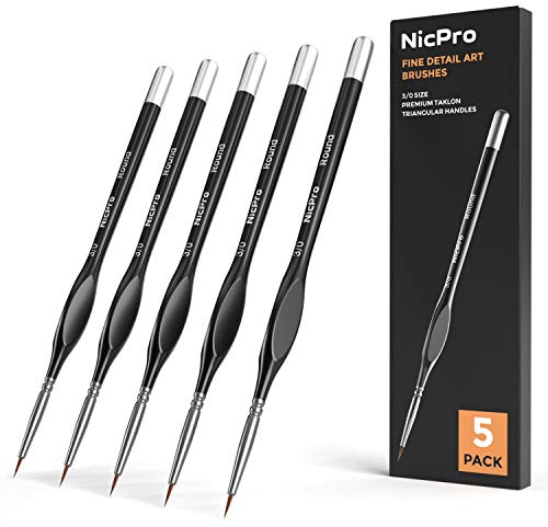 Nicpro 5 Pezzi Pennelli per Dettagli, Punta Extra fine 000, Set Professionale per Artisti di Pittura in Miniatura, Rotondo 3/0 per Microacquerello, Olio Acrilico, Artigianato, Modelli, Pietra