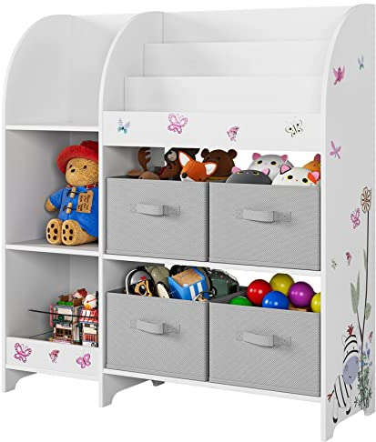 HOCSOK Spielzeugregal, Bücherregal Kinder, Kinderregal mit 4 Aufbewahrungsboxen, Spielzeug-Organizer für Kinderzimmer, Schlafzimmer, Kindergarten, Weiß, 92,2 x 100,2 x 30 cm