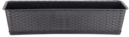 BigDean Blumenkasten mit Untersetzer 80 cm lang Rattan-Optik anthrazit - aus PP-Kunststoff - Balkon Pflanzkasten schmal Balkonkasten