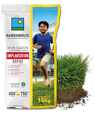 BARENBRUG - Gazon Implantation Rapide - Germination en 7 Jours - Tapis Dense et Résistant - Autoréparation Naturelle - Engrais Compatible Agriculture Biologique - Fabriqué en France - 15KG
