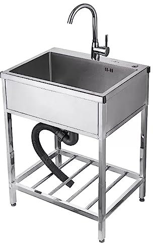 Lavelli Commerciale 1 Vasca Autoportante Professionale, Lavandino in Acciaio Inox con Rubinetto e piletta, per Cucina, Ristorante, Bar, Caffè, Garage, Interno e Esterno (Size : 55x45cm/21.6x17.7inch