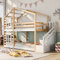 Dolamaní Hausbett 90 x 200 cm mit Treppe, Hochbett 90 x 200 cm, Etagenbett mit Schublade und Rausfallschutz, Einzelbett für Kinder, 2 Lattenrost, Natur & Weiß