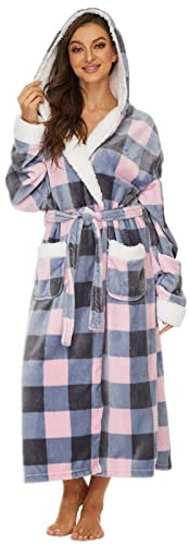 iniber Dressing Gown for Women, Soft Plush Fleece Hooded Bathrobe Plush Loungewear