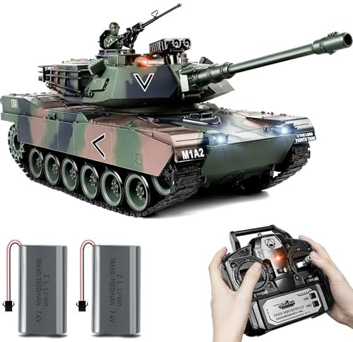 RC Panzer 1/18 USA M1A2 Abrams Armeegrün, 2.4GHz Panzer Ferngesteuert mit Schussfunktion, WW2 Panzer Modell, Kampfpanzer mit Rauch, Spielzeug mit Licht und Sound für Erwachsene und Kinder