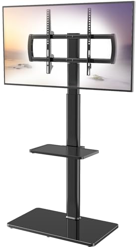 Support TV universel avec support pivotant à 80 degrés, hauteur réglable et design peu encombrant pour la plupart des téléviseurs LCD LED OLED de 27 à 65, 2 étagères, parfait pour coin et chambre à