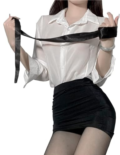 ROSVAJFY Uniforme Secrétaire Sexy Lingerie Transparente Cosplay Bureau Ensemble Chemise Manches Longues 2 Pièces Mini-Jupe Costume Enseignant Robe Jeux Rôle Halloween
