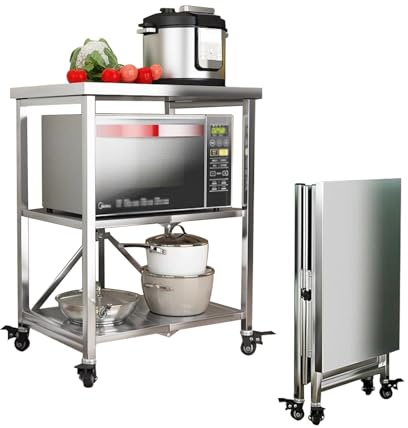 HIYOUGO Servierwagen mit Rollen, 3 Böden Faltbar Edelstahl Rollwagen Küchentisch, Edelstahltisc Mikrowellenhalter für Küche