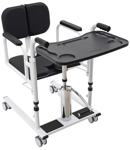 Hydraulic Patient Lift Transfer Chair for Home, Multifunctional Bedside Commode Wheelchair, 180° Open & Close, Adjustable Lifting Height Transfer Aid w/Potty Dining Table for Home Elderly (Black)
