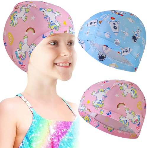 NHQZ 2 pieza Gorro piscina niño, Gorro natación niño, Gorro piscina niña, Gorro de baño de tejido elástico de secado rápido, Equipo de natación (Rosa+Azul)
