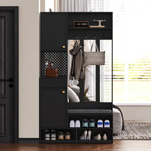 PUGSDRLY Meuble D'entrée,Porte Manteau avec Banc et Rangement Chaussure,4 Crochets,Étagère Ouverte,Armoire,Tiroirs,Vestiaire D'entrée pour CouloirChambre(D-Noir)