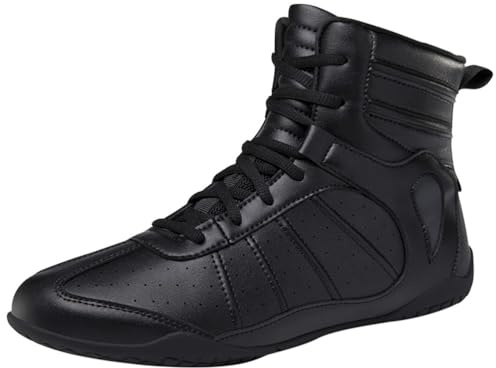 FJJLOVE Männer Box- und Ringer-Schuhe, Leder Knöchelstütze, rutschfeste Trainings- und Wettkampf-Stiefel, Bequeme Kickbox-Kampfschuhe,Schwarz,41 EU