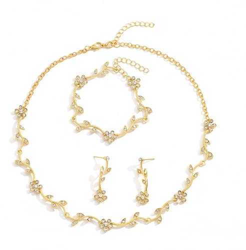 LACLASSIELL Crystal Garden Gold Floral Wedding Jewelry Set, 3-Piece Rhinestone Necklace, Bracelet and Earrings Set with Vine Design, Bridal Special Occasion Accessories