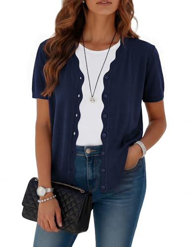 Yommay Chaqueta de punto de manga corta para mujer, cuello en V, punto de | Cárdigan de punto para mujer, ligero, elegante, informal, cuello ondulado, corte ajustado, suéter clásico de punto, suave
