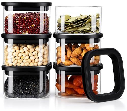 Happy Lemuro Barattoli per alimenti con coperchio (6 × 360 ml) – Contenitori ermetici in vetro con coperchio nero | Barattoli quadrati in vetro, anti-tarme e lavabili in lavastoviglie
